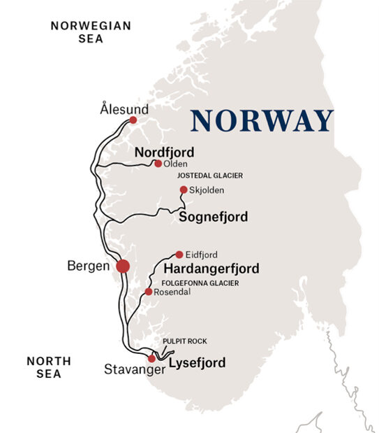 Kort over Norges Smukkeste Fjorde med Hurtigruten Signature